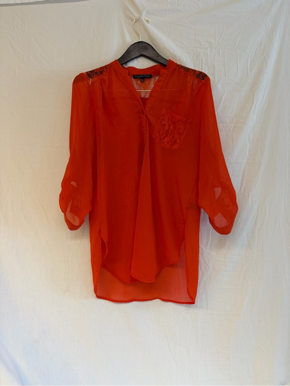Wishful Park Sheer Orange-Red Lace Accent Blouse